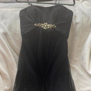 La Femme Black Satin Embellished Mini Dress